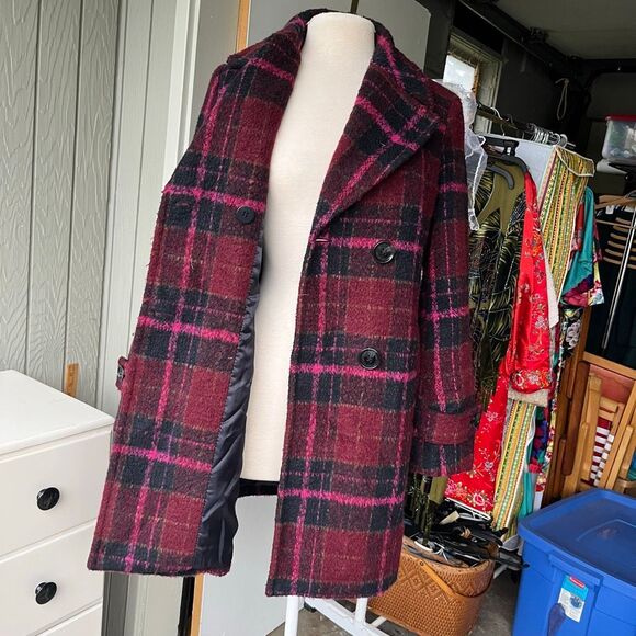 Sam Edelman Pink Red Plaid Coat | Wool Blend Double Breasted Peacoat - Picture 4 of 12
